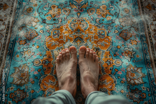 POV shot feet of muslim person prayer mat