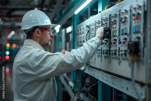 Electrical Technician Inspecting a Circuit Breaker Panel in an Industrial Factory Environment