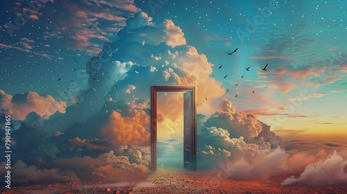 Mystical doorway in a surreal landscape opening up to a vibrant sky where birds dance among the clouds