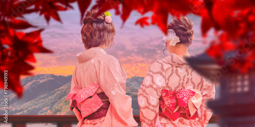 Geisha from Japan. Asian girls with backs to camera. Two geisha in kimono. Eastern women admire mountains. Japan culture. Geisha looking at sunset. Landscape Japan with red maple leaves