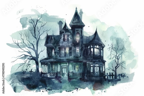 Adventurers tentatively step into a haunted house, bracing for scares, minimal watercolor style illustration isolated on white background