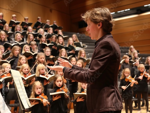 A conductor stands in front of a choir of young girls, directing them as they sing. Concept of unity and teamwork, as the choir members follow the conductor's lead