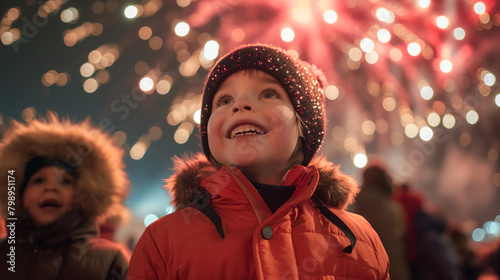 kids looking at firework with awe expression ,Wide-eyes put of excitement 