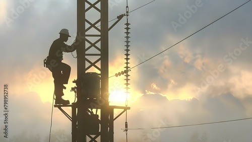 Engineer silhouette fixing electric transformer on pole in maintenance work. Concept Electrical Engineering, Power Infrastructure Maintenance, Technical Silhouettes, Industrial Operations