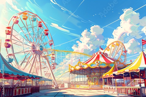 an illustration of a lively amusement park on a sunny day