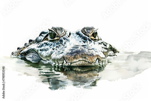 A crocodile lies motionless in water, eyes just above the surface, minimal watercolor style illustration isolated on white background