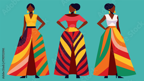 Flowing maxi skirts made from bold colorful Ankara fabric inspired by the vibrant markets and streets of West Africa.. Vector illustration