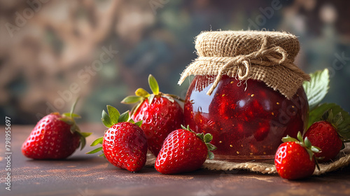 Glass jar filled with strawberry jam and strawberries on side of jar, topped with a burlap cloth tied with a piece of twine