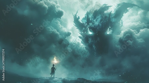 A solitary individual stands defiant, holding a torch against a swirling, nebulous entity in the stormy skies, suggesting a narrative of courage.