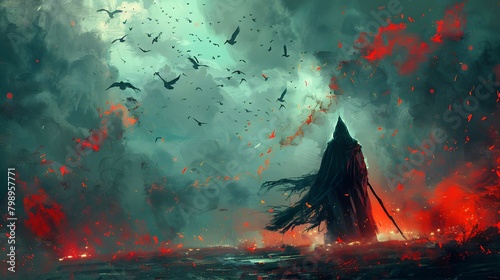 A digital painting depicting a cloaked figure with a staff standing amidst a tumultuous scene of flying birds and fiery embers, Digital art style, illustration painting.