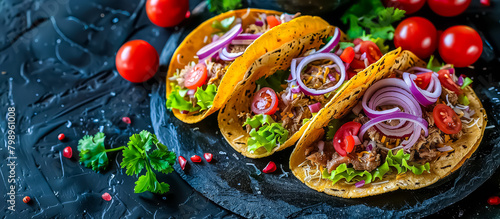 Mexican-inspired dish Tacos consist of corn or flour tortillas filled with various ingredients such as seasoned meat such as beef, chicken, or pork, lettuce, cheese, salsa, and sour cream 