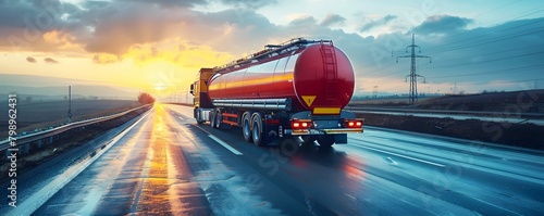 A chemical tanker truck transporting liquid chemicals on a highway.