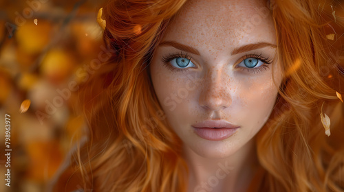 Autumn Preview: Portrait of a Beautiful Woman with Auburn Red Hair and Autumn Leaves, Captivating Display of Fall Beauty. Ravishing Red Hair: Portrait of a Stunning Woman Embracing Fiery Tresses