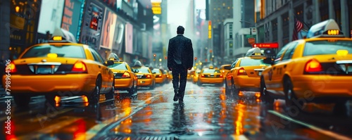 A businessman hails a taxi on a busy city street on his way to a meeting.