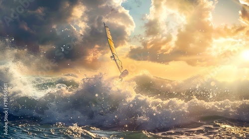 Windsurfer riding waves at sunset, dynamic water sport in ocean