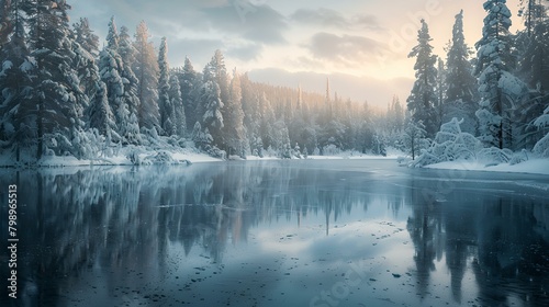 Serene winter lakeside at dawn: a tranquil scene of snowy pines and soft light