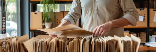 Office worker carefully organizing files in a separate folder in the archive