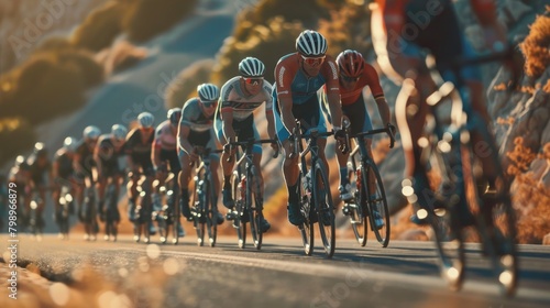Close-up of a group of cyclists with professional racing sports gear riding on an open road cycling route.