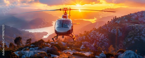 A helicopter transporting executives to a remote business conference, providing aerial views of the landscape. 