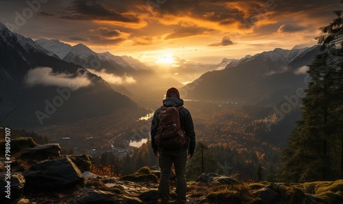 Hiker Standing on Mountain Top With Backpack