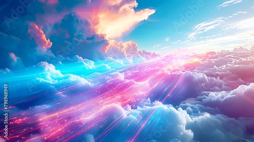 A digital illustration of data streams flowing through the clouds, representing the transfer of internet data via satellite. 