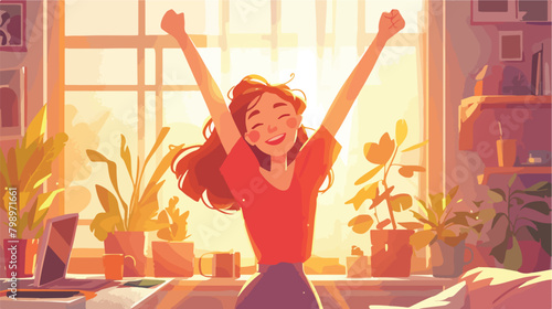 Happy young woman or girl waking up with rising sun