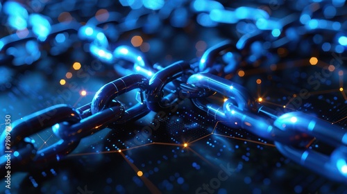 Blockchain encryption blocks, glowing blue connections, decentralized finance concept, close-up, digital photography