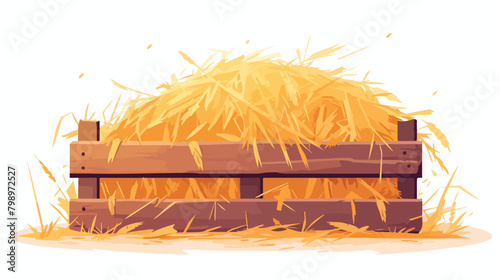 Hay heap in wood crate. Gold straw pile in box. Gol
