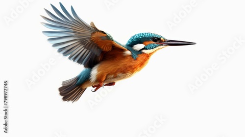 Common Kingfisher flying isolated on white background with clipping path.