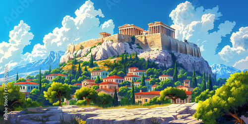 Acropolis hills of Athens, Greece illustration