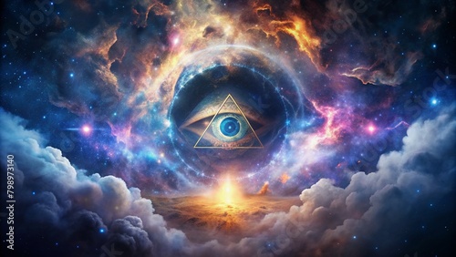A mystical all-seeing eye peeks through a break in the cosmic clouds, revealing a swirling vortex of light blues and purples.