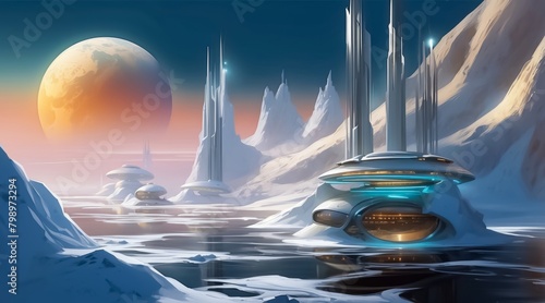 Colonization of Frozen Planet. Alien Landscape with Sustainable Energy Hubs. Alien Planet Exploration Base. Human Settlement in an Alien World. Planet Base for Colonization of the Planet.