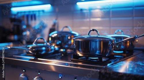 Kitchen with cooking pots and pans sitting on a stove top in dim lighting