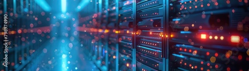 Cloud computing data center, rows of servers, scalable resources, close-up, digital photography, blue ambient lighting