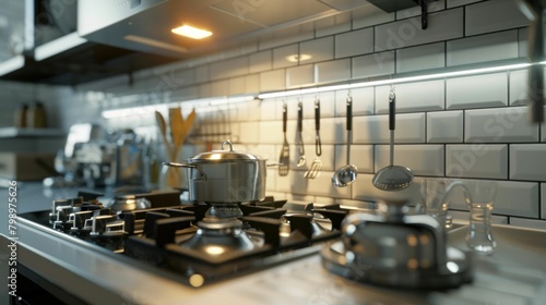 Modern kitchen interior with gas stove and various pots and pans on the countertop in 3D ing