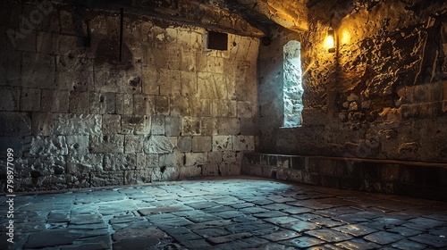 A dark and damp medieval dungeon cell with a single barred window