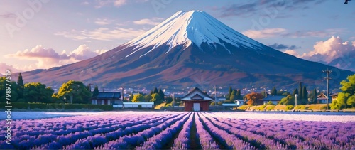 A Painting of Mountain Fuji, Covered with Snow, and Surrounded by Fields of Lavender. Japan's Point of Interest.