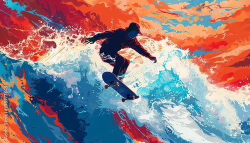 Capture the high-octane essence of Moby Dick through extreme skateboarding stunts intertwined with surreal waves, all in a vibrant oil painting style Show the collision of two worlds - literature and