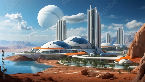 Colonization of Alien Plane. Alien Landscape with Sustainable Energy Hubs. Alien Planet Exploration Base. Human Settlement in an Alien World. Planet Base for Habitation and Colonization of the Planet.