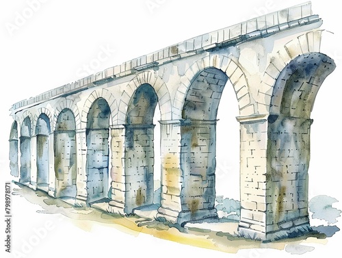 Watercolor illustration of a Roman aqueduct clipart