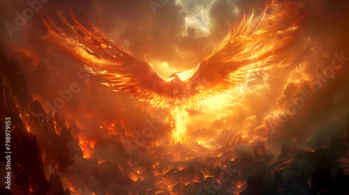 A mystical phoenix rises from a volcano's ashes spread it's wing wide