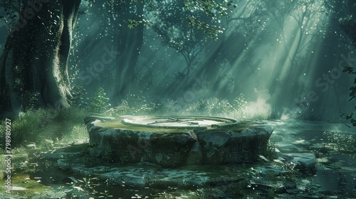 A weathered circular altar stands silent in a hazy woodland, evoking tales of arcane ceremonies or timeless nature's watch