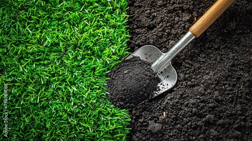 Lush synthetic turf meets rich organic soil divided by a solitary silver garden spade