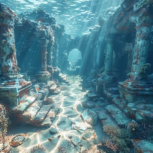 Sunken citadel, underwater secrets, noon, ruins beneath waves, wide exploration, bright mystery, aquatic discovery