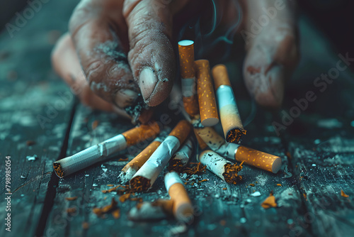 man's fist smashing cigarettes, no tobacco stop smoking anti drug day concept