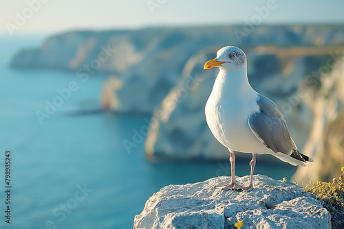 7. Ocean Watch: From its vantage point high above the coastal cliffs, a seagull surveys the endless expanse of the ocean below, its keen eyes scanning the horizon for signs of life