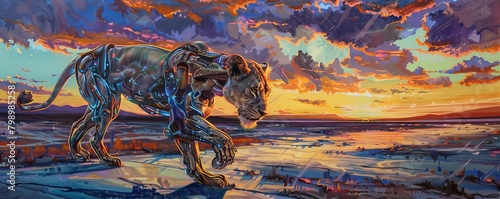Capture a majestic robotic lioness in acrylic medium, from a high-angle view, roaming a surreal landscape at sunset