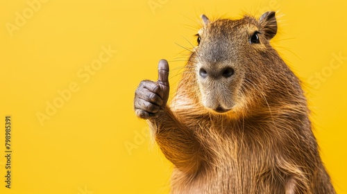 Portrait of a beautiful happy capybara holding two thumbs up as a sign of excellent work on an isolated yellow background.