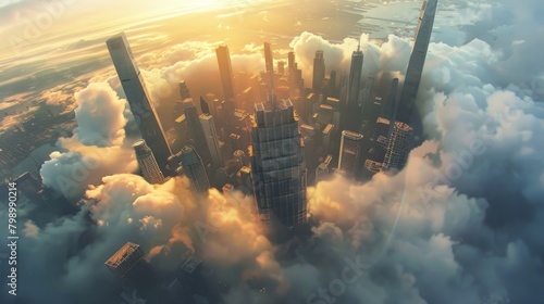 Cloud Building. Up High Aerial Architecture: City Above Asia. Beautiful Business Landscape