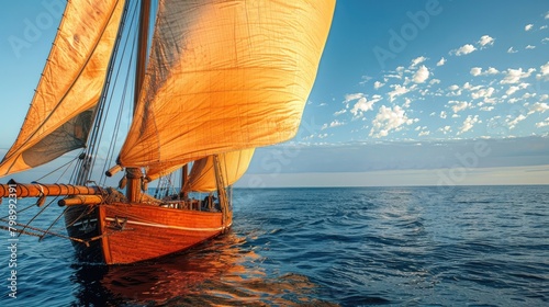 Close-up shot of a large orange sailboat. Floating in the middle of the blue sea The backlight has beautiful lobes on the sail.